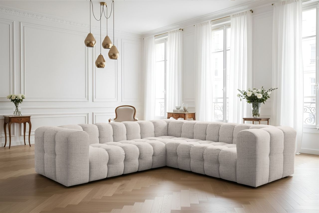 Ecksofa Designersofa SOLVIE XS in Stoff Moly Creme Seite Universal