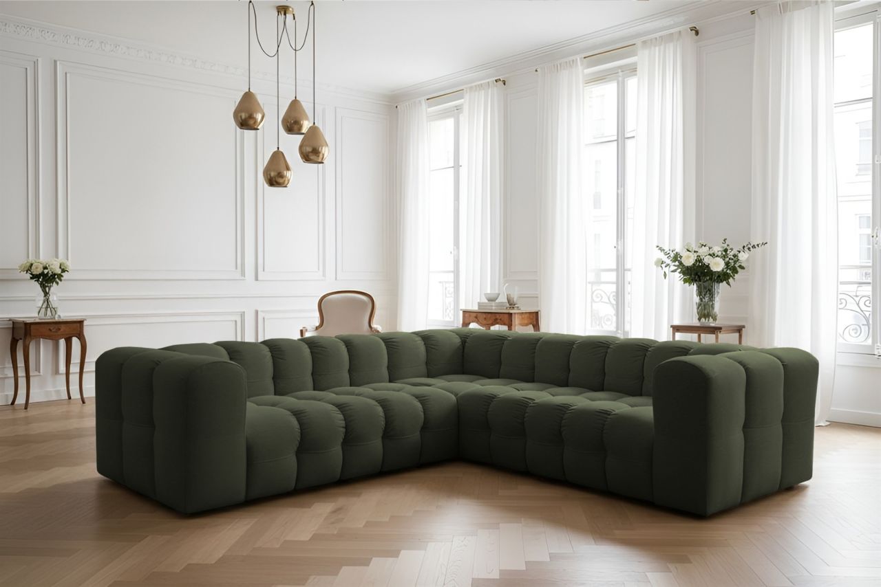 Ecksofa Designersofa SOLVIE XS in Stoff Tiffani Grün Seite Universal