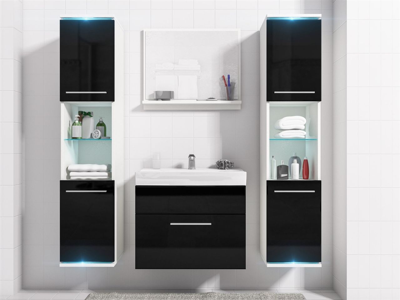 Badmöbel Set 5-Tlg Weiss / Schwarz HGL TOPLINE inkl.Waschtisch inkl.LED