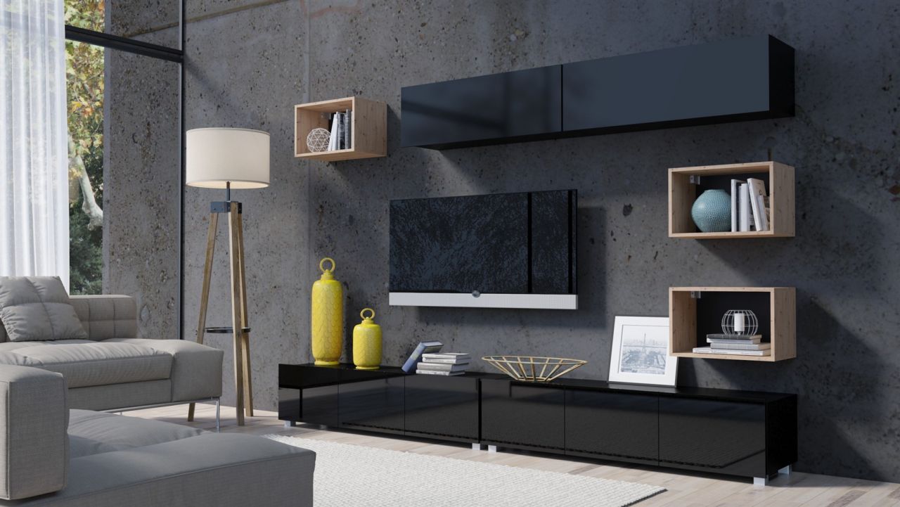 Mediawand Wohnwand 7 tlg - KAVOS 18 - Schwarz Hochglanz