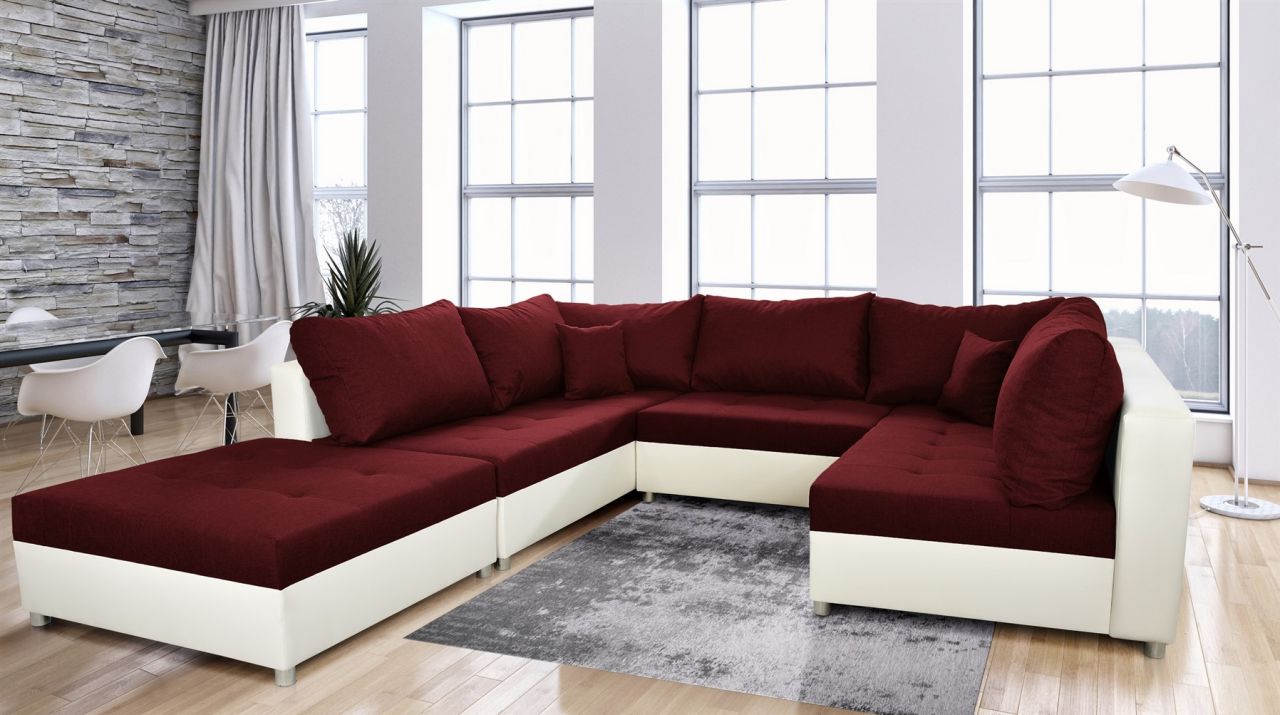 Wohnlandschaft Sofa ANDRO mit Schlaffunktion und Hocker Weiss-Weinrot