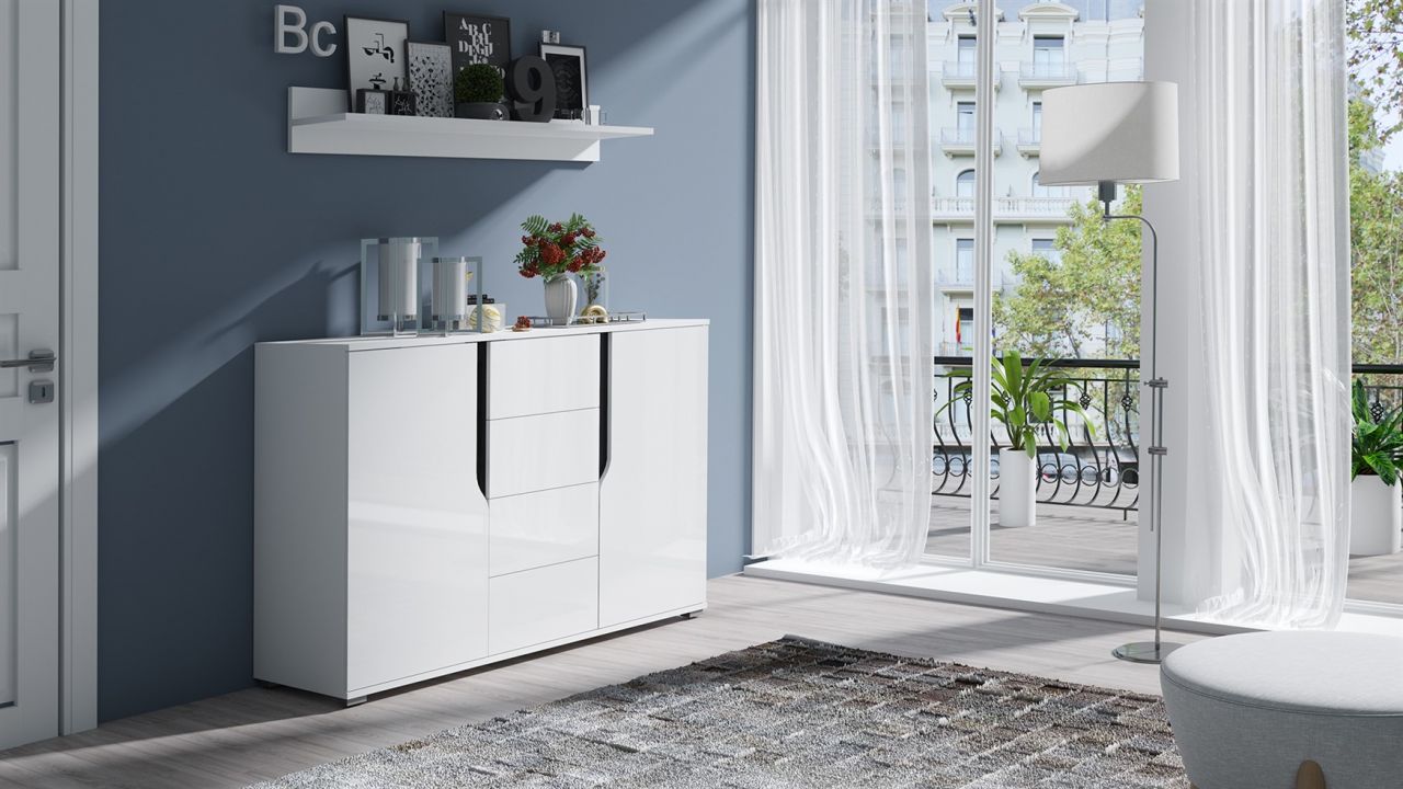 Sideboard Kommode DALLAS 135x90x40cm Weiß HGL / Schwarz HGL