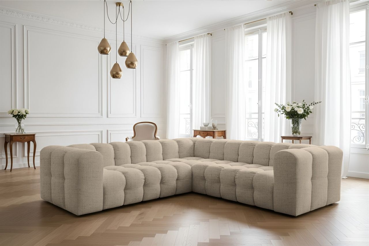 Ecksofa Designersofa SOLVIE XS in Stoff Moly Beige Seite Universal