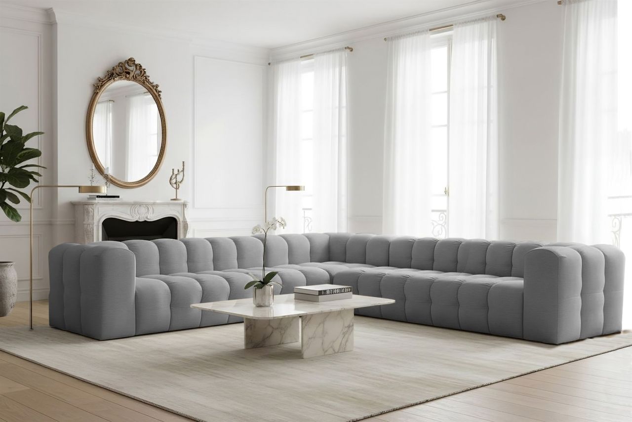 Ecksofa Designersofa SOLVIE XL in Stoff Tiffani Grau Seite Universal