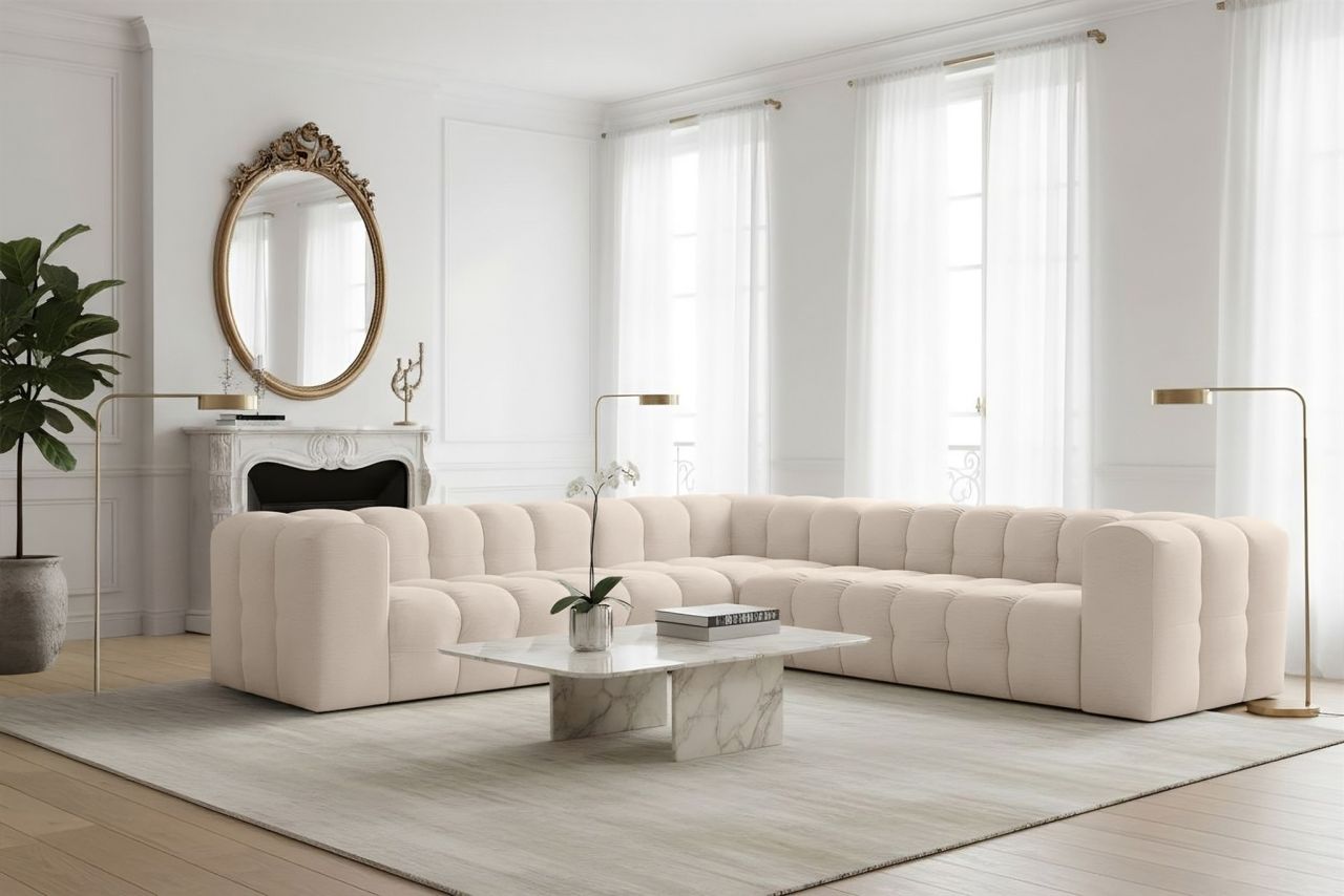 Ecksofa Designersofa SOLVIE in Stoff Tiffani Beige Seite Universal