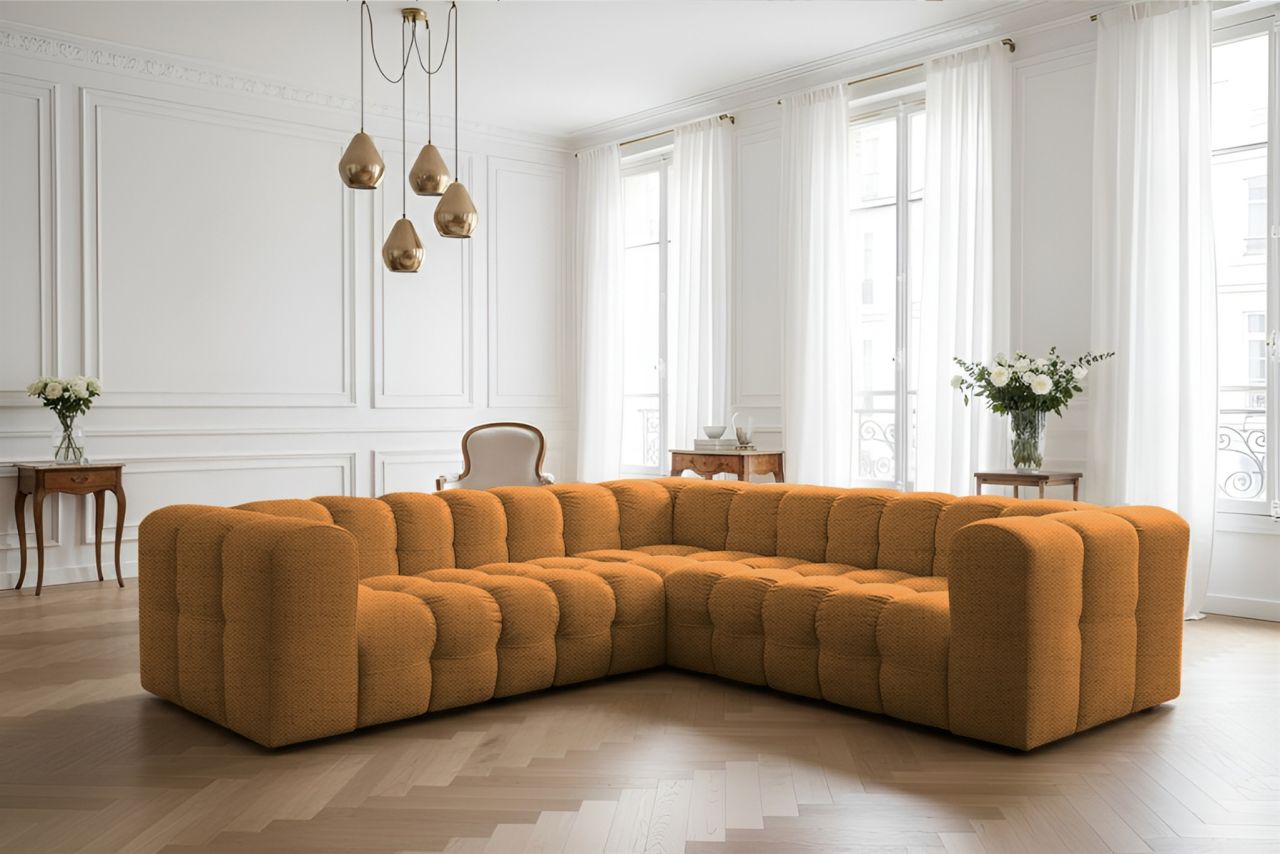 Ecksofa Designersofa SOLVIE XS in Stoff Moly Orange Seite Universal