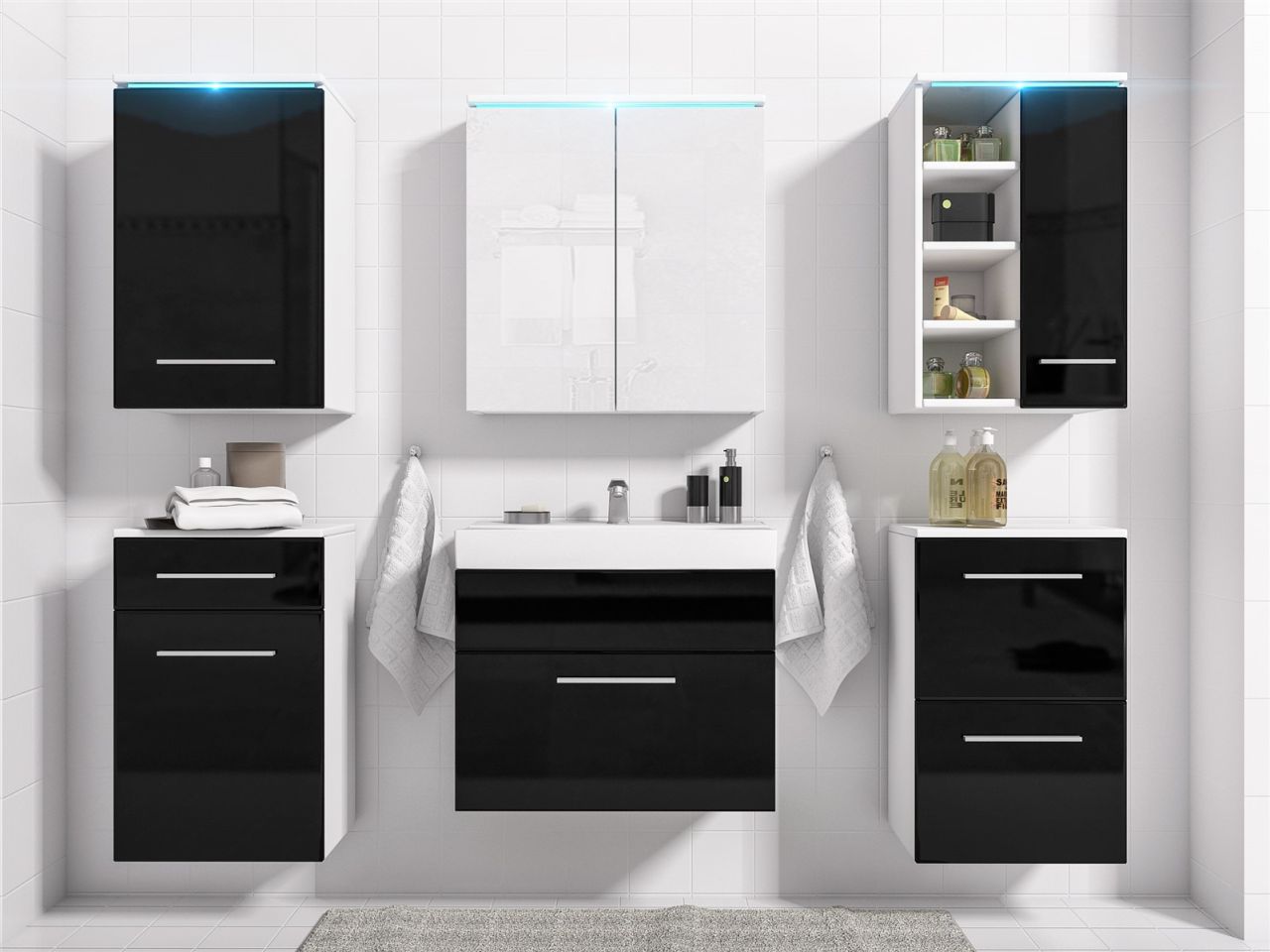 Badmöbel Set 7-Tlg Weiss / Schwarz HGL MAXI inkl.Waschtisch inkl.LED