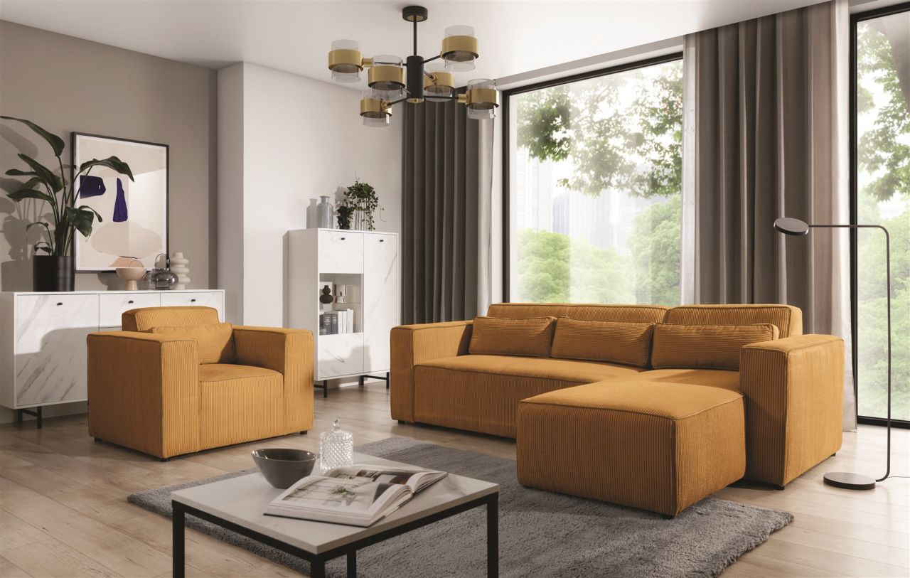 Ecksofa Schlafsofa inkl. Sessel WALDO Stoff Poso Senfgelb Ottomane Rechts