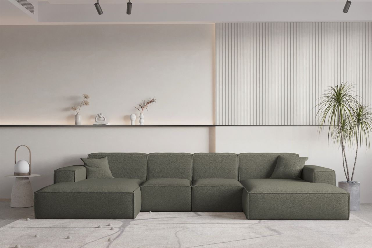 Wohnlandschaft U-Form CELES PREMIUM XS in Stoff Ascot Bukla Moosgrün