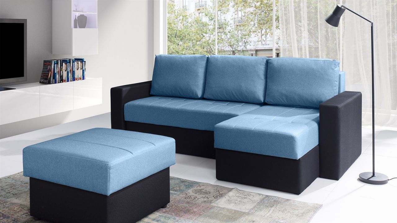 Ecksofa Schlafsofa LABRI inkl.Hocker Schwarz/ Hellblau Ottomane Rechts