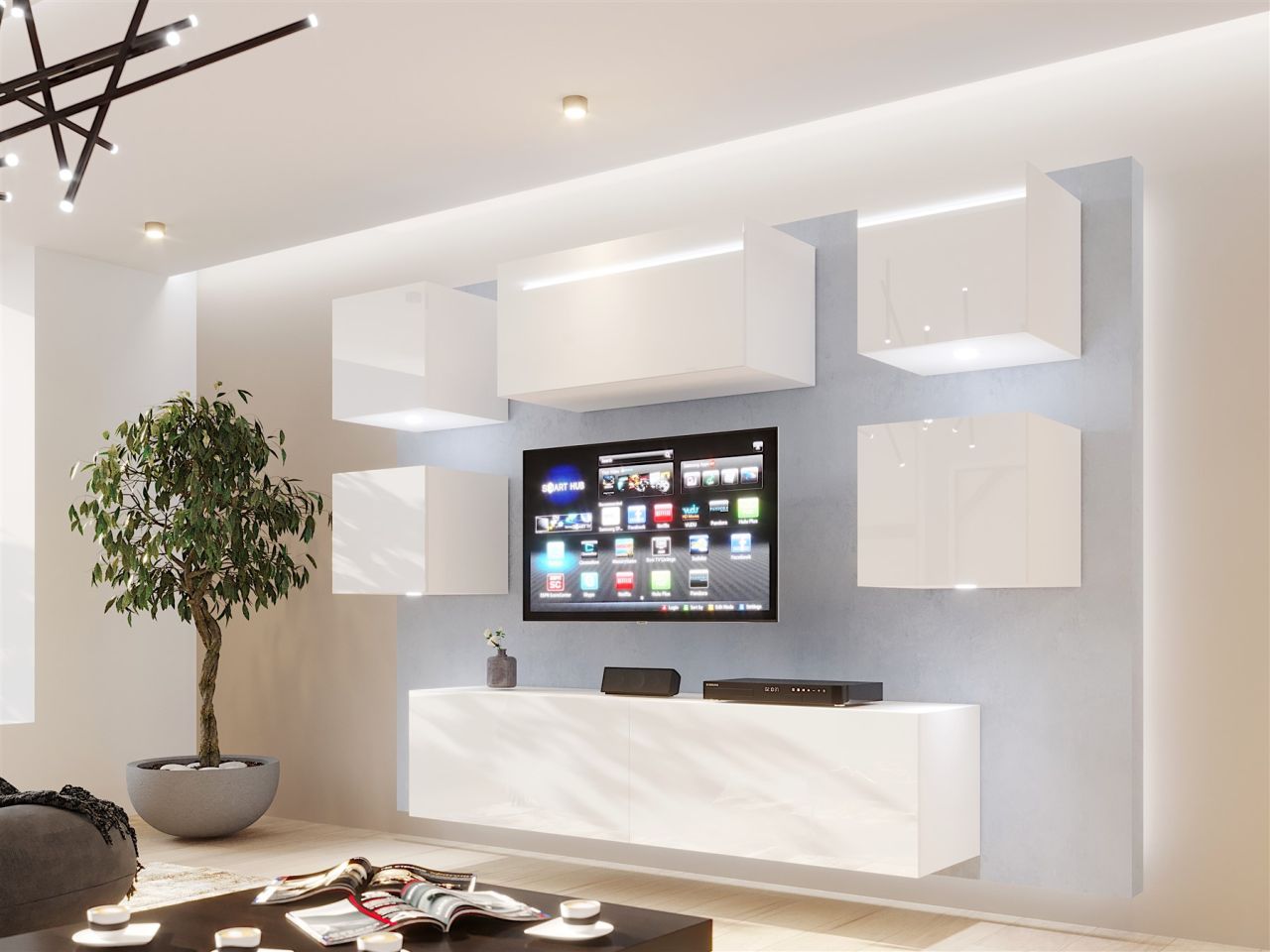 Mediawand Wohnwand 7 tlg - NEXI XL 23 - Weiss Hochglanz inkl. LED