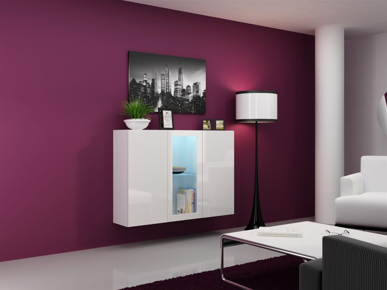 Sideboard Hängesideboard 'LUGO' 120x38x90 cm Weiss HGL mit LED