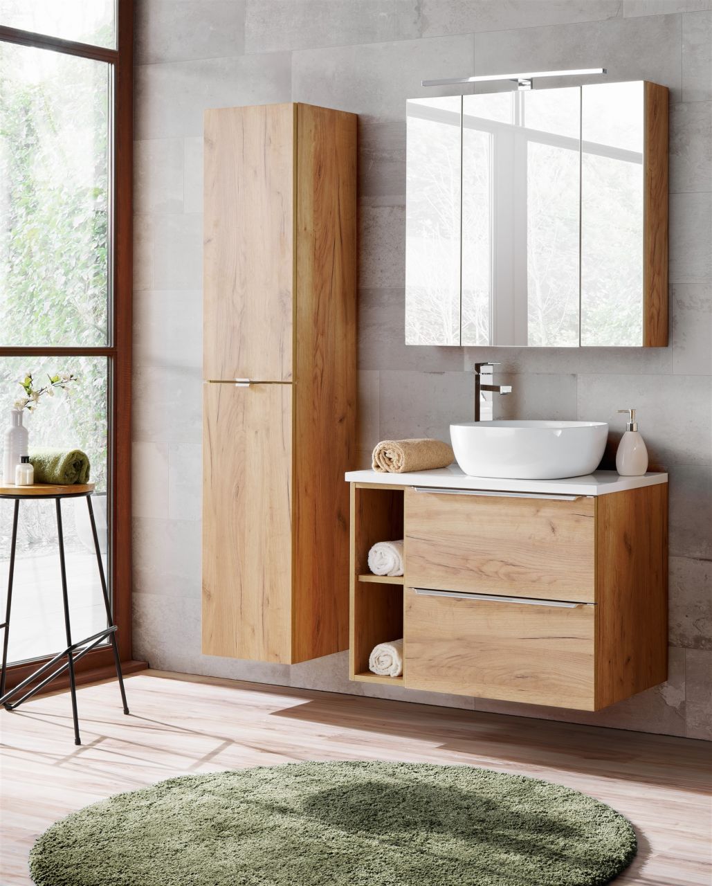 OUTLET Badmöbel Set 6-tlg Badezimmerset PERUGIA Gold Eiche inkl. Waschbecken