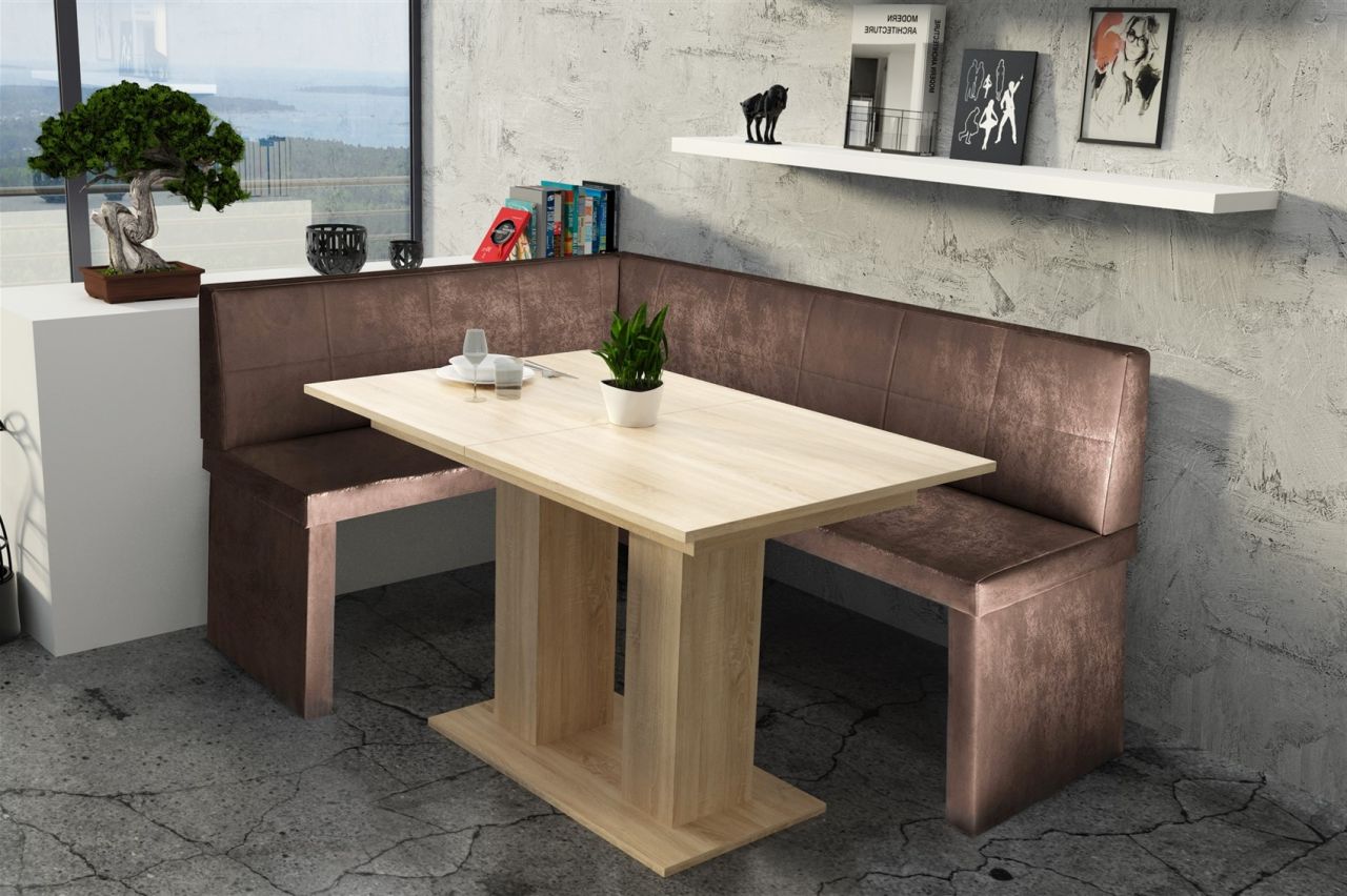 Eckbankgruppe 168x128 cm ROBIN R Vin.. Braun / Esstisch DANTE Sonoma