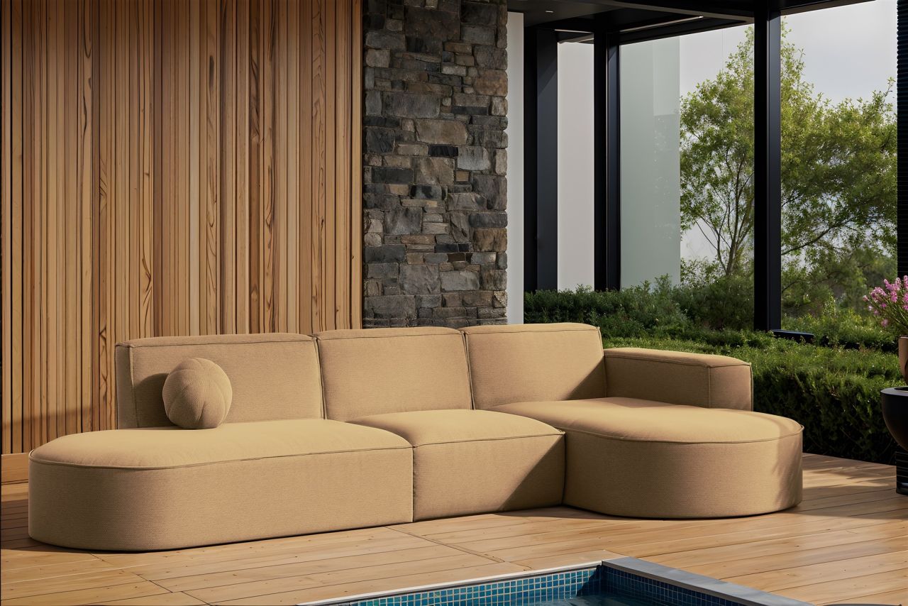 Garten Ecksofa SUNDAY in wetterfester Stoff ART-N Caramel Ottomane Rechts