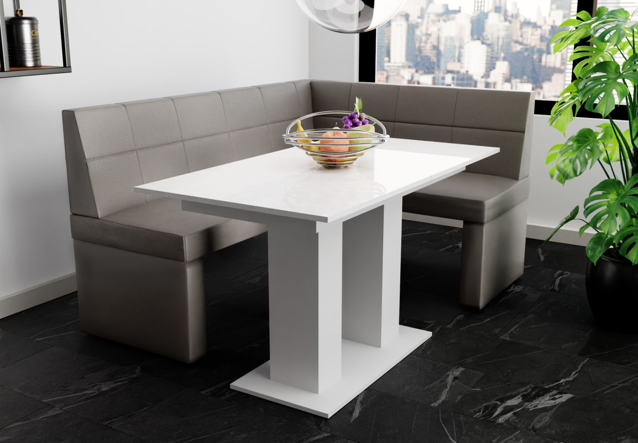 Eckbankgruppe 196x142 cm BLAKE XL L Kunstleder Grau / Esstisch DANTE Weiß HGL