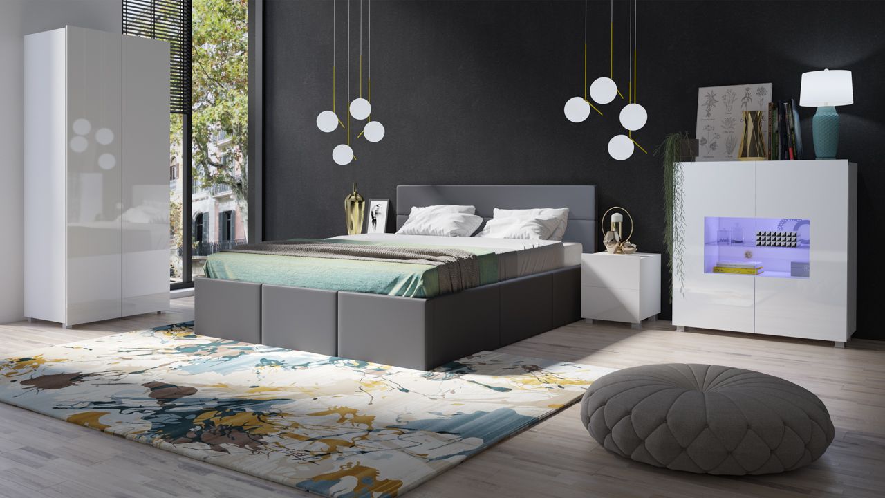 Schlafzimmer Komplett Set 5 tlg LABRI Grau- Weiss Hochglanz