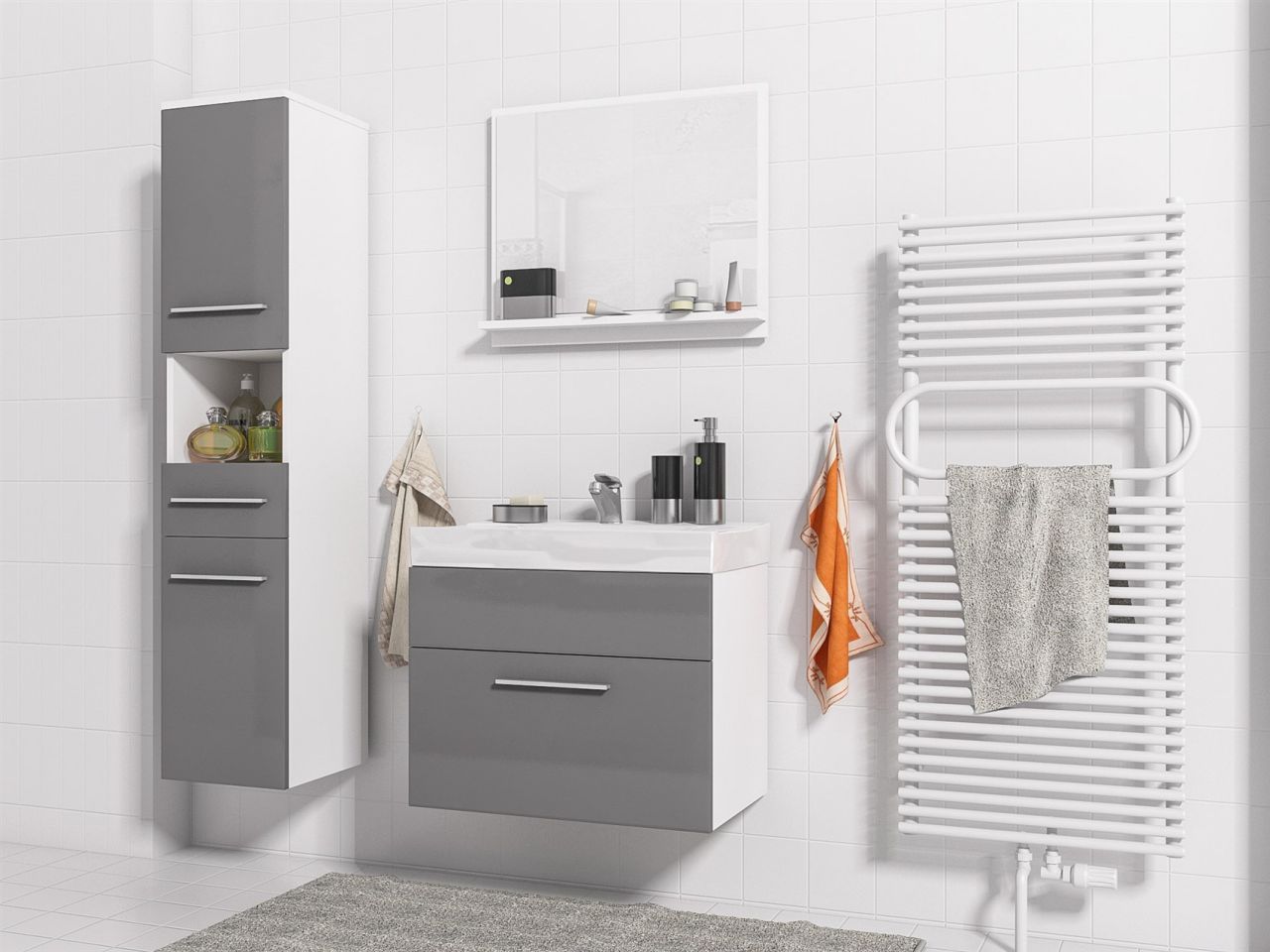 Badmöbel Set 4-Tlg Weiss / Grau Hochglanz LUCY inkl.Waschtisch
