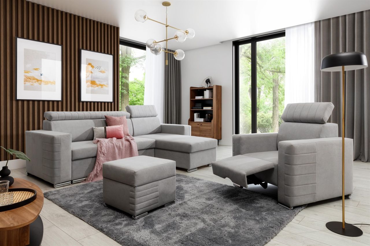 Ecksofa inkl. Hocker und Sessel CANTON Stoff Camelia Hellgrau Ottomane Rechts