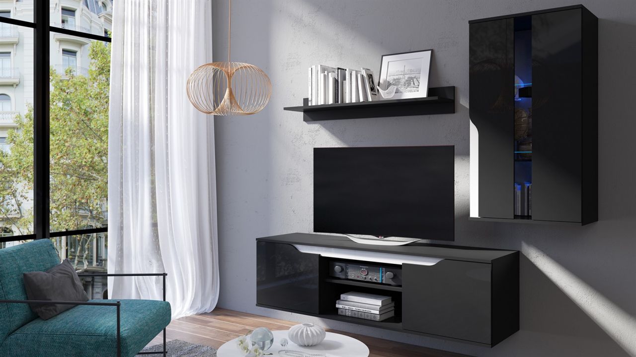 Mediawand Wohnwand 3 tlg DALLAS Schwarz Hochglanz / Weiss