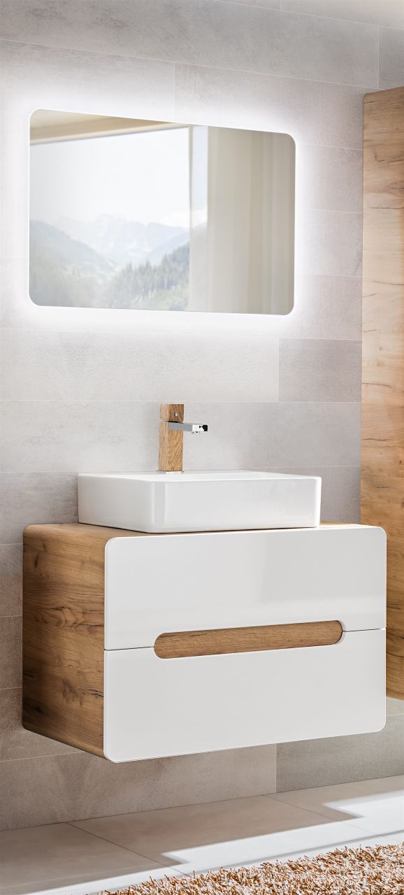 Badmöbel Set 2-tlg Badezimmerset FERMO Weiss 80cm HGL inkl. Waschtisch