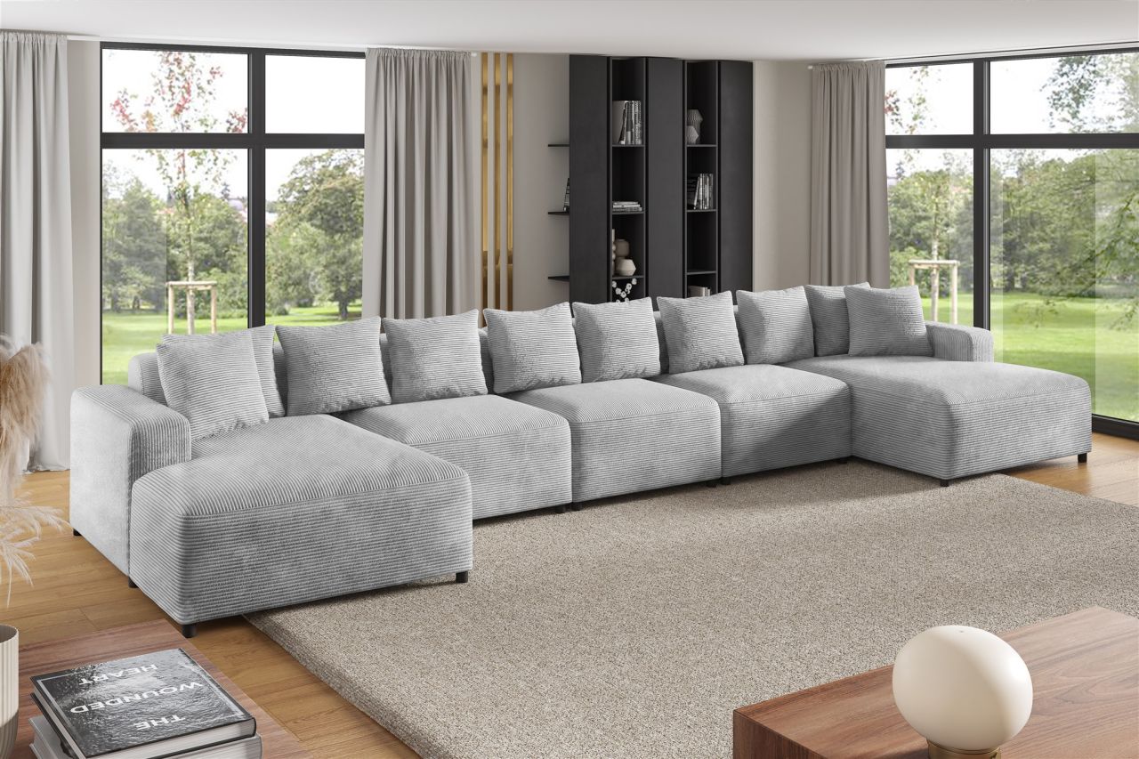 Wohnlandschaft Sofa U-Form Designersofa MEGAN XL in Stoff Poso Hellgrau