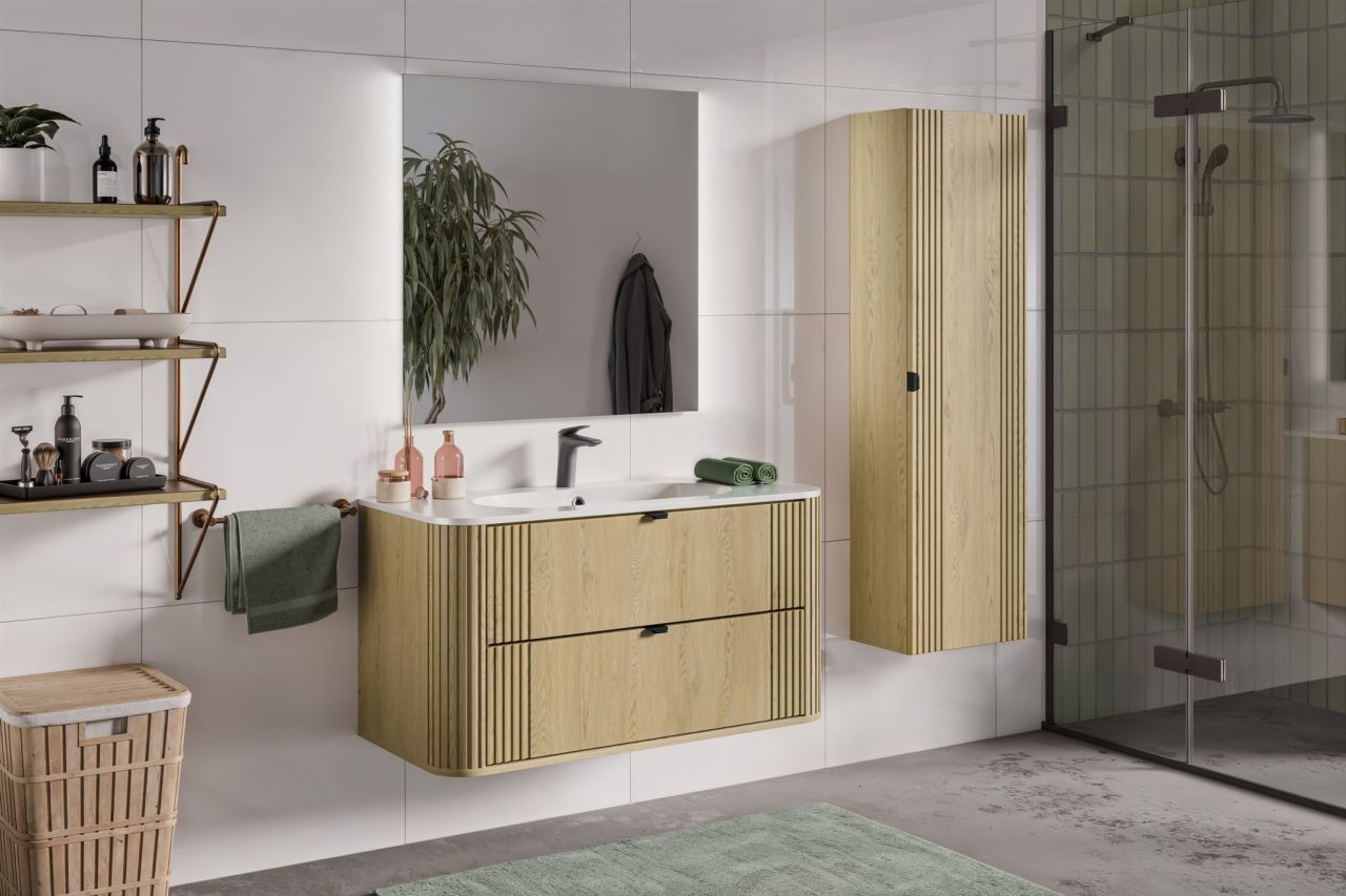 Badmöbel Set 3-tlg Badezimmerset WENDO Cremona Eiche Spiegel inkl. Waschtisch