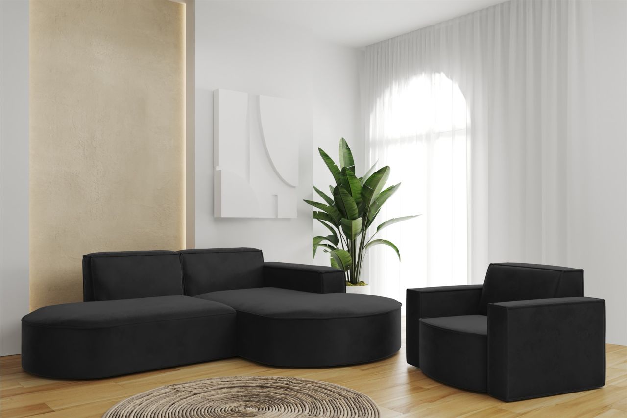 Sofa Set 2-teilig Sessel und Ecksofa PALMA XS Stoff Opera Schwarz Ottomane Re...