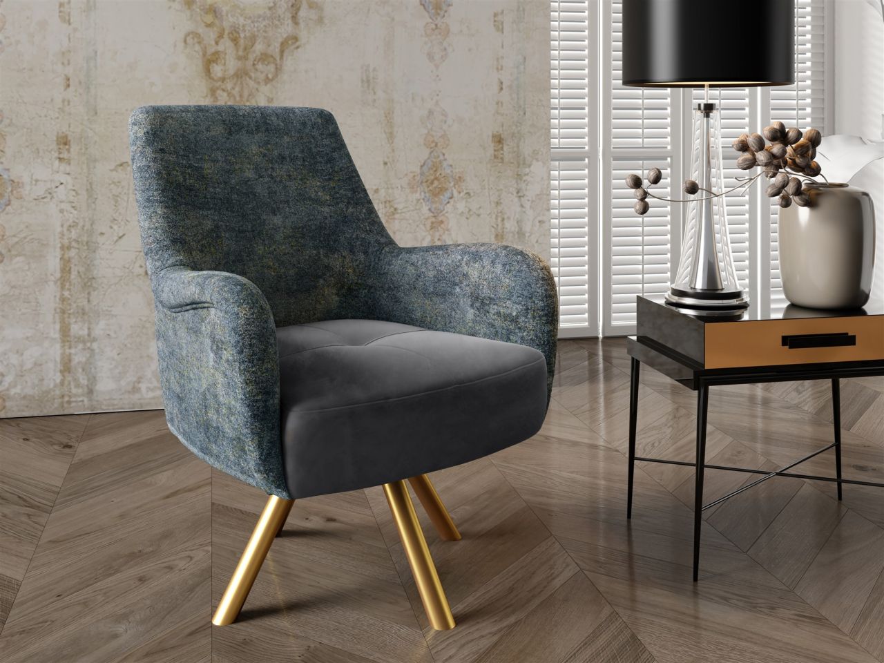 Sessel Drehsessel VALERIE in Stoff Touch Me und Elisa Velvet Grau-Meeresgrün