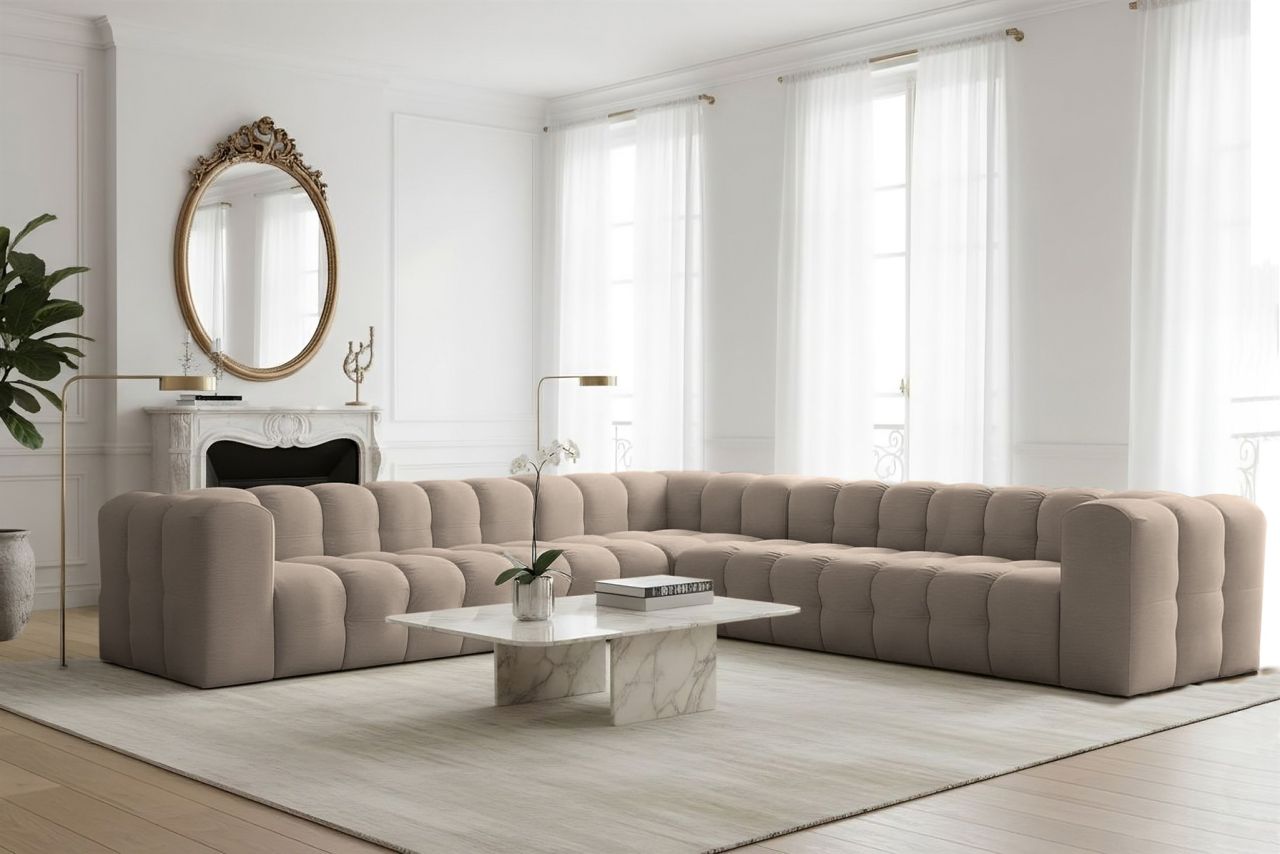 Ecksofa Designersofa SOLVIE XL in Stoff Tiffani Taupe Seite Universal