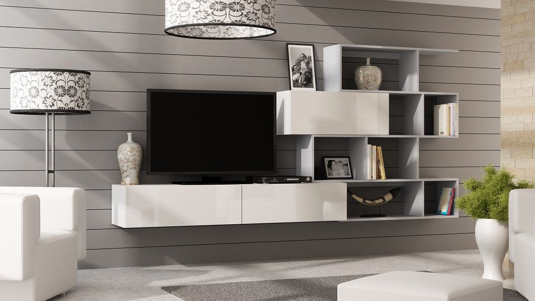 Mediawand Wohnwand 3 tlg - SKY - Weiss HGL / Grau