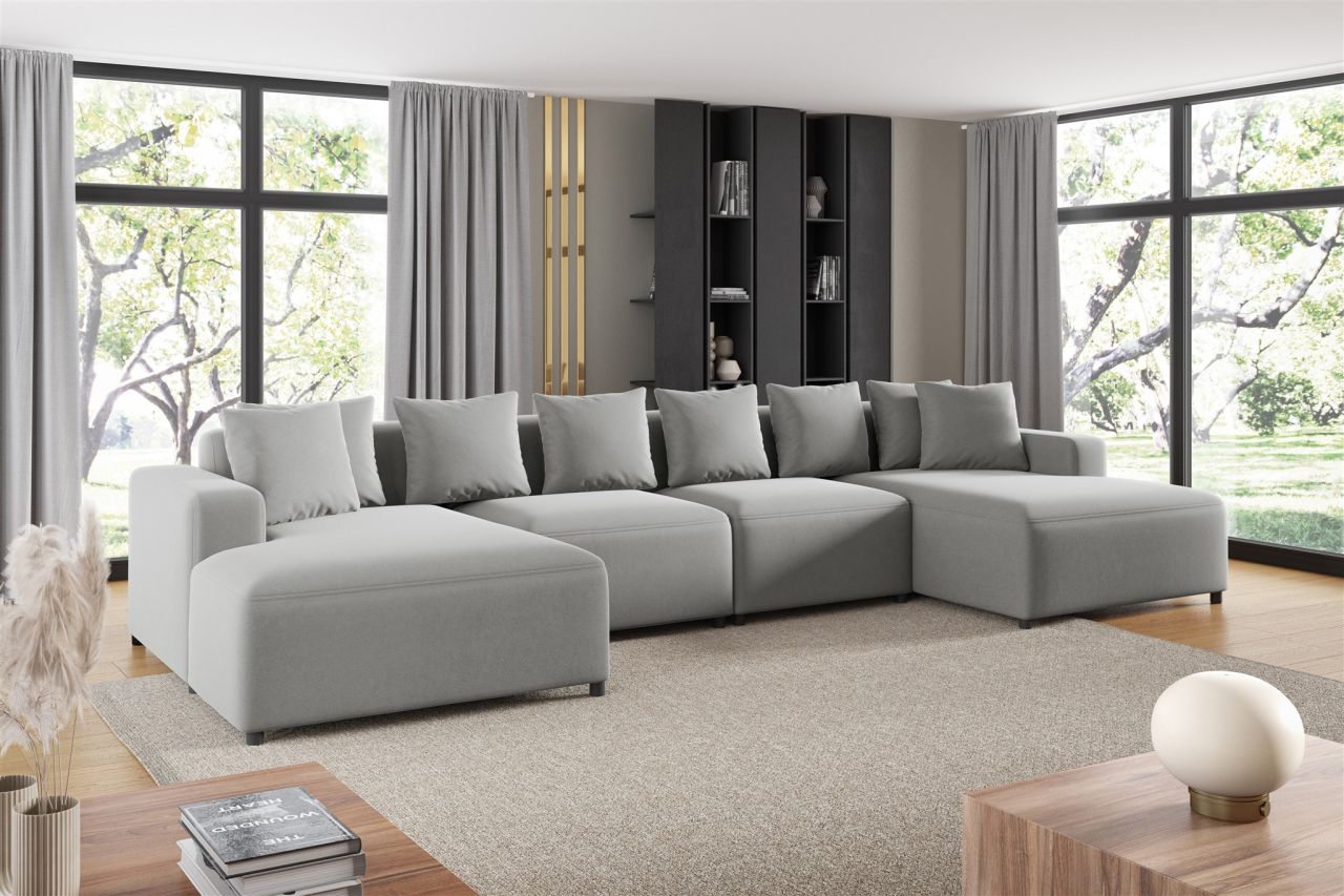 Wohnlandschaft Sofa U-Form Designersofa MEGAN in Stoff Salvador Hellgrau