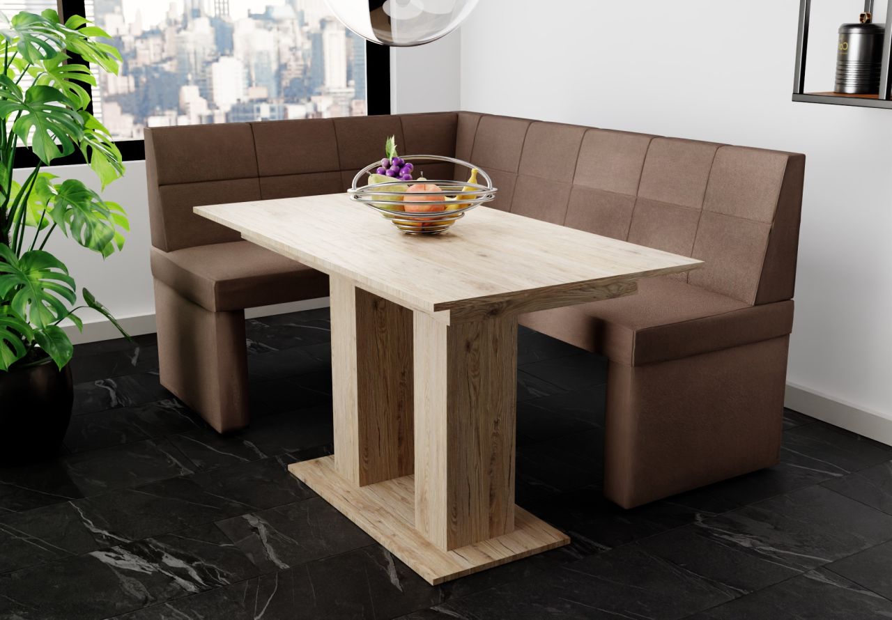 Eckbankgruppe 168x128 cm BLAKE R Stoff Soro Braun / Esstisch DANTE Sonoma