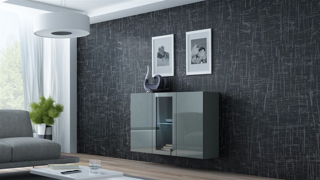 Sideboard Hängesideboard 'LUGO' 120x38x90 cm Grau Hochglanz inkl. LED