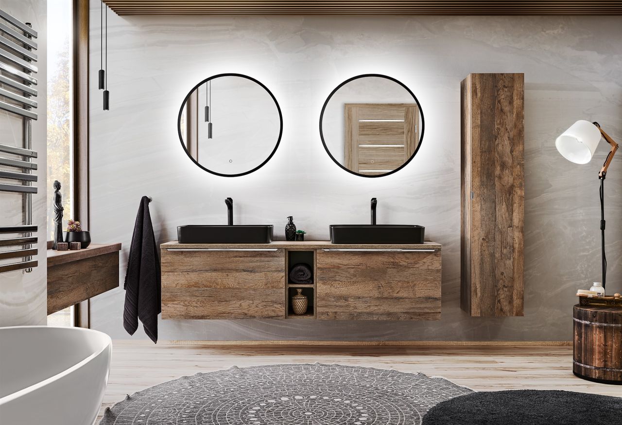 Badmöbel Set 6-tlg Badezimmerset AKAN Vintage Eiche Spiegel 80cm ohne Waschtisch