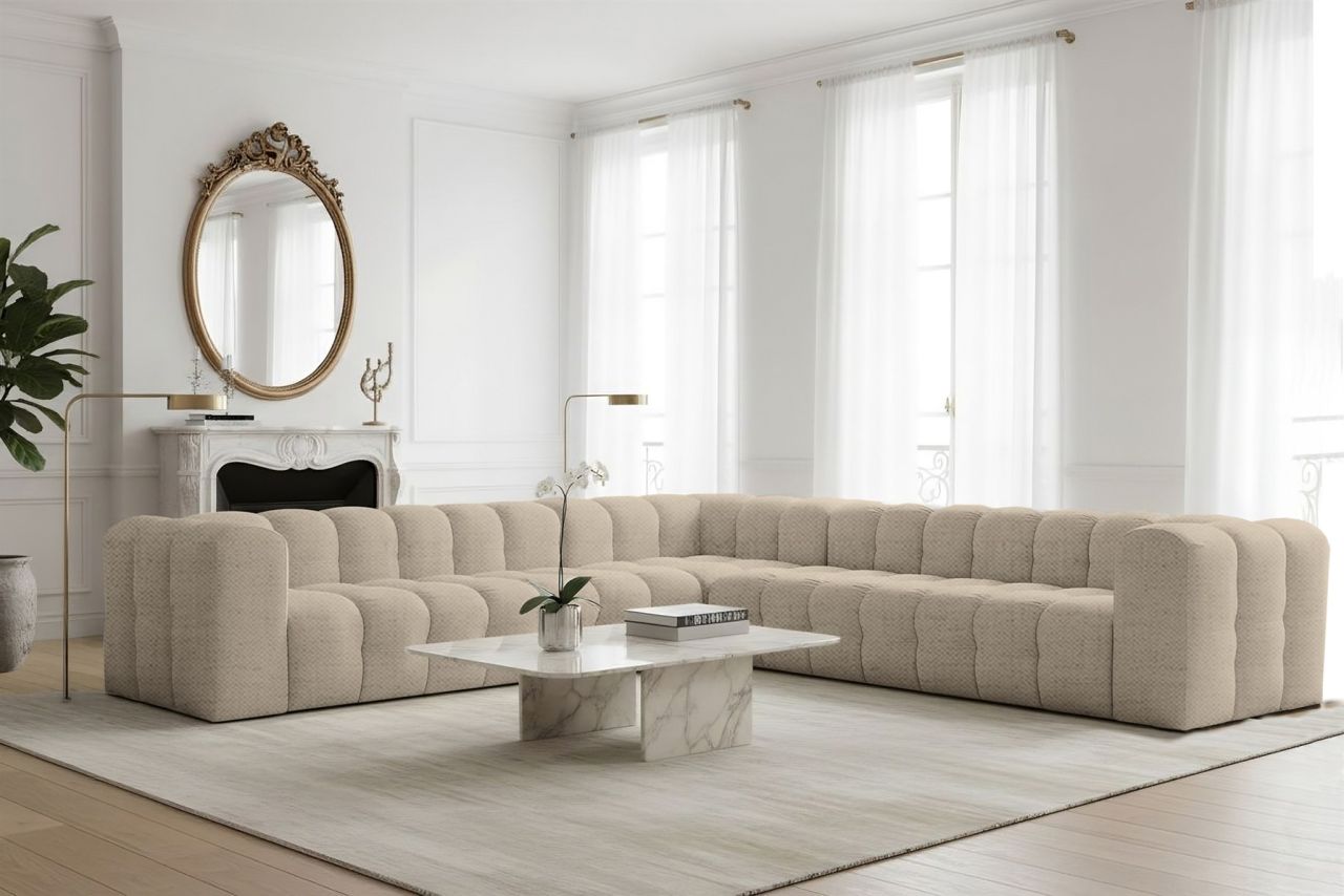 Ecksofa Designersofa SOLVIE XL in Stoff Moly Beige Seite Universal