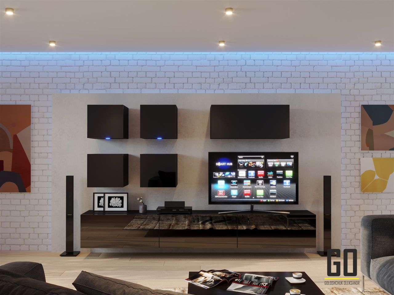 Mediawand Wohnwand 8 tlg - NEXI XL 20 - Schwarz Hochglanz inkl. LED