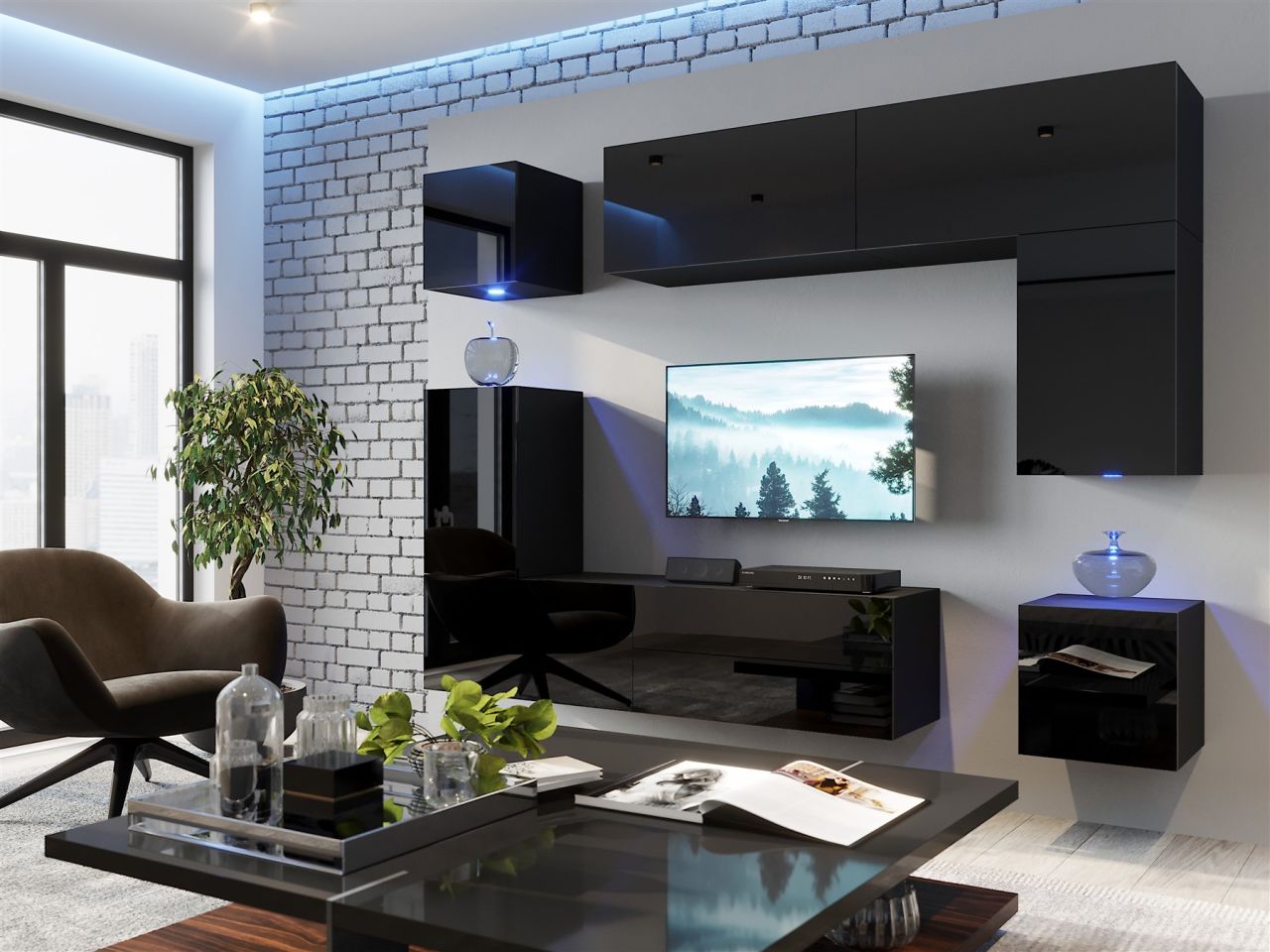 Mediawand Wohnwand 8 tlg - NEXI XL 31 - Schwarz Hochglanz inkl. LED