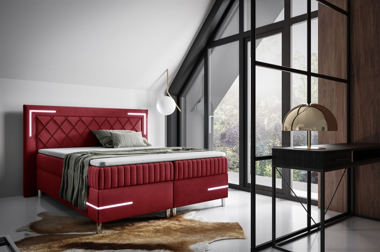Boxspringbett Schlafzimmerbett 140x200cm AMORE Nr.3 Rot inkl. LED-Beleuchtung