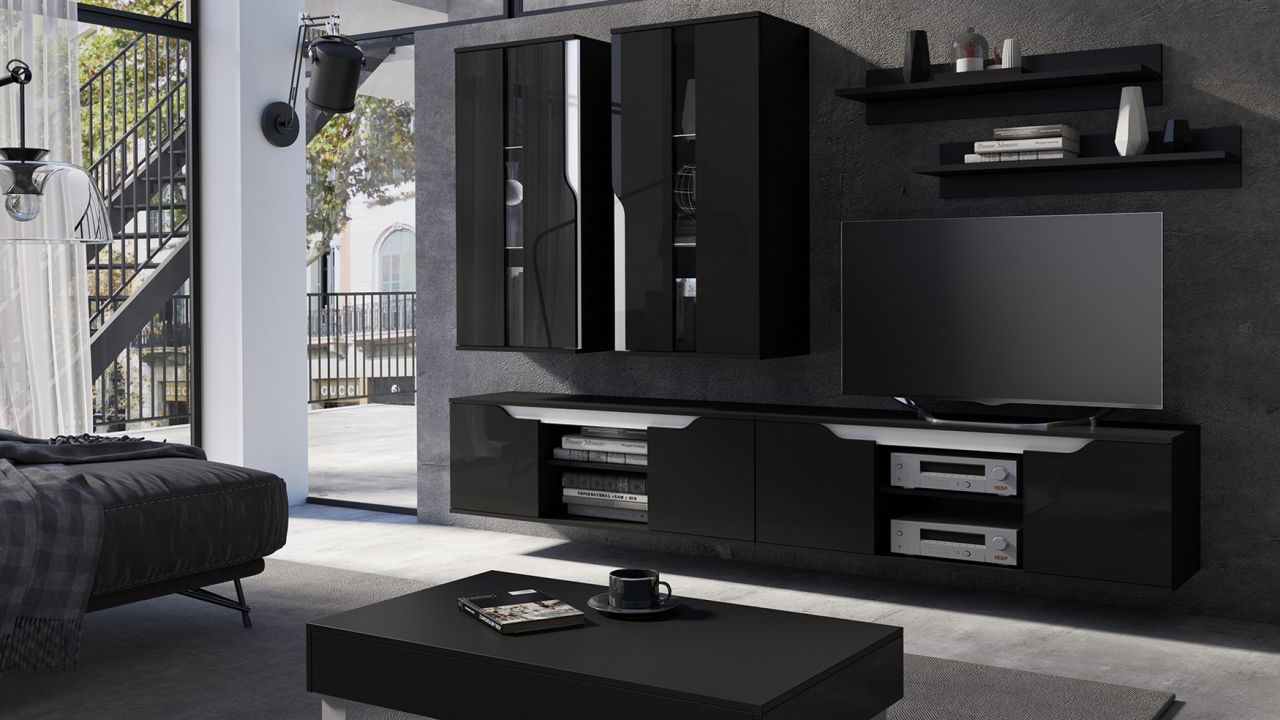 Mediawand Wohnwand 6 tlg DALLAS Schwarz Hochglanz / Weiss