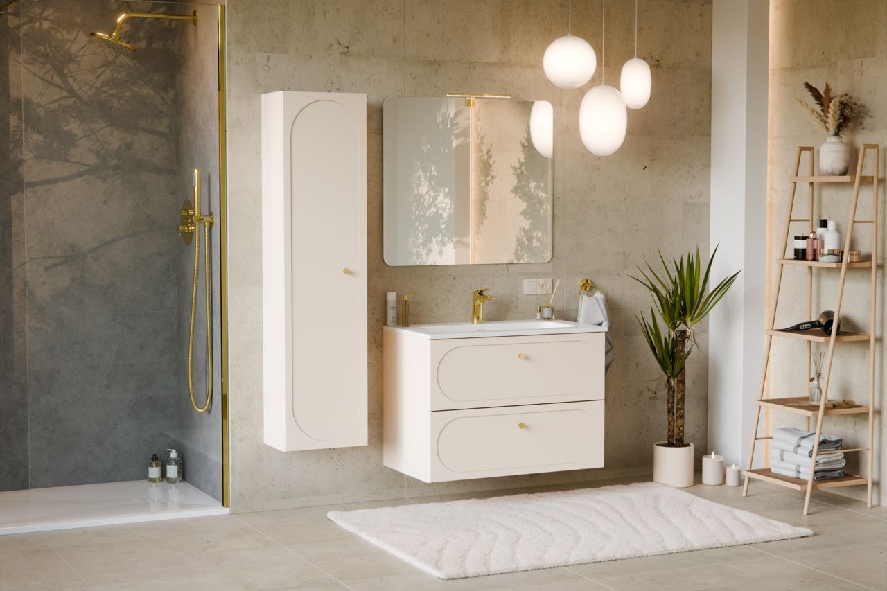 Badmöbel Set 3-tlg Badezimmerset KONA Cashmere Sand Beige Spiegel 80cm inkl. ...