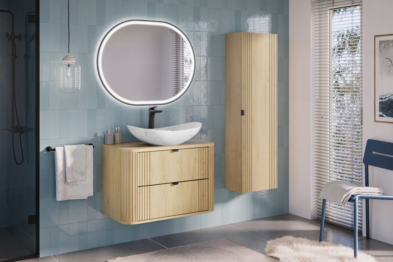 Badmöbel Set 4-tlg Badezimmerset WENDO Cremona Eiche Spiegel 70cm inkl. Wasch...