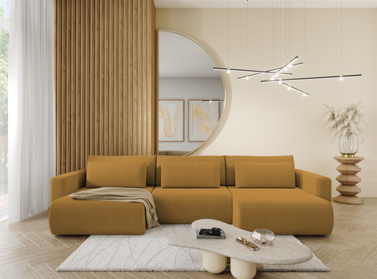 Wohnlandschaft Sofa mit Schlaffunktion CHAIRA Stoff Curio Senfgelb