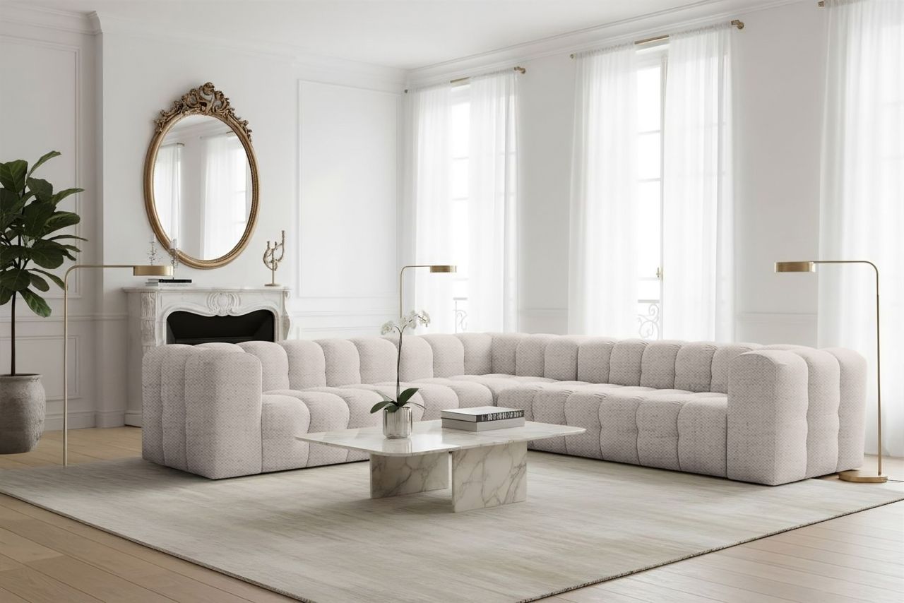 Ecksofa Designersofa SOLVIE in Stoff Moly Creme Seite Universal