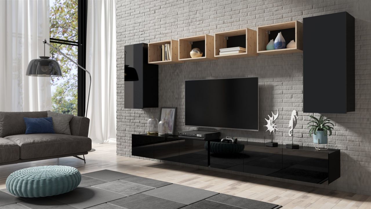 Mediawand Wohnwand 8 tlg - KAVOS 25 - Schwarz Hochglanz