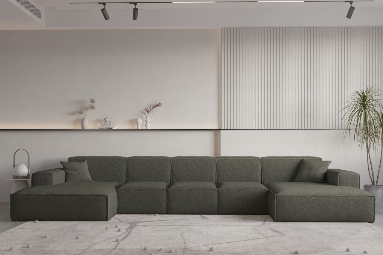 Wohnlandschaft U-Form CELES PREMIUM XL in Stoff Ascot Bukla Moosgrün