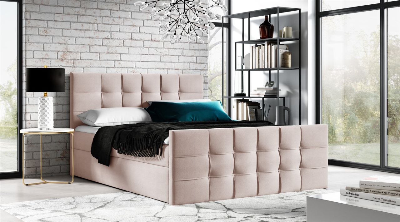 Boxspringbett Schlafzimmerbett NOEL 140x200cm Stoff Rose inkl. Bettkasten
