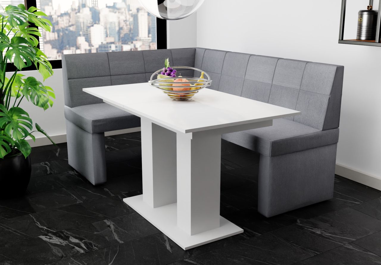 Eckbankgruppe 196x142 cm BLAKE XL R Stoff Soro Grau / Esstisch DANTE Weiß