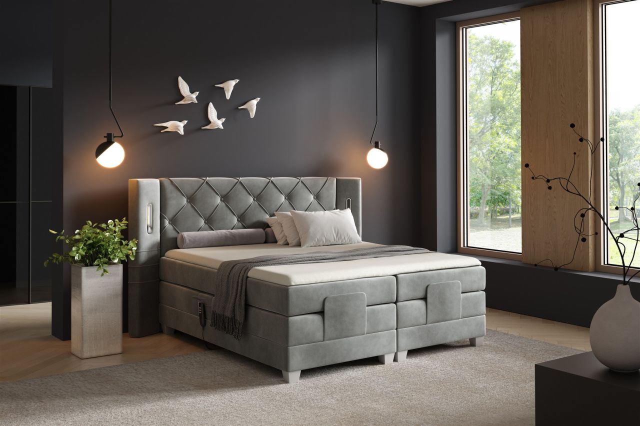 Boxspringbett Elektrisch Bett STEVE 200x200cm in Stoff Fresh Grau