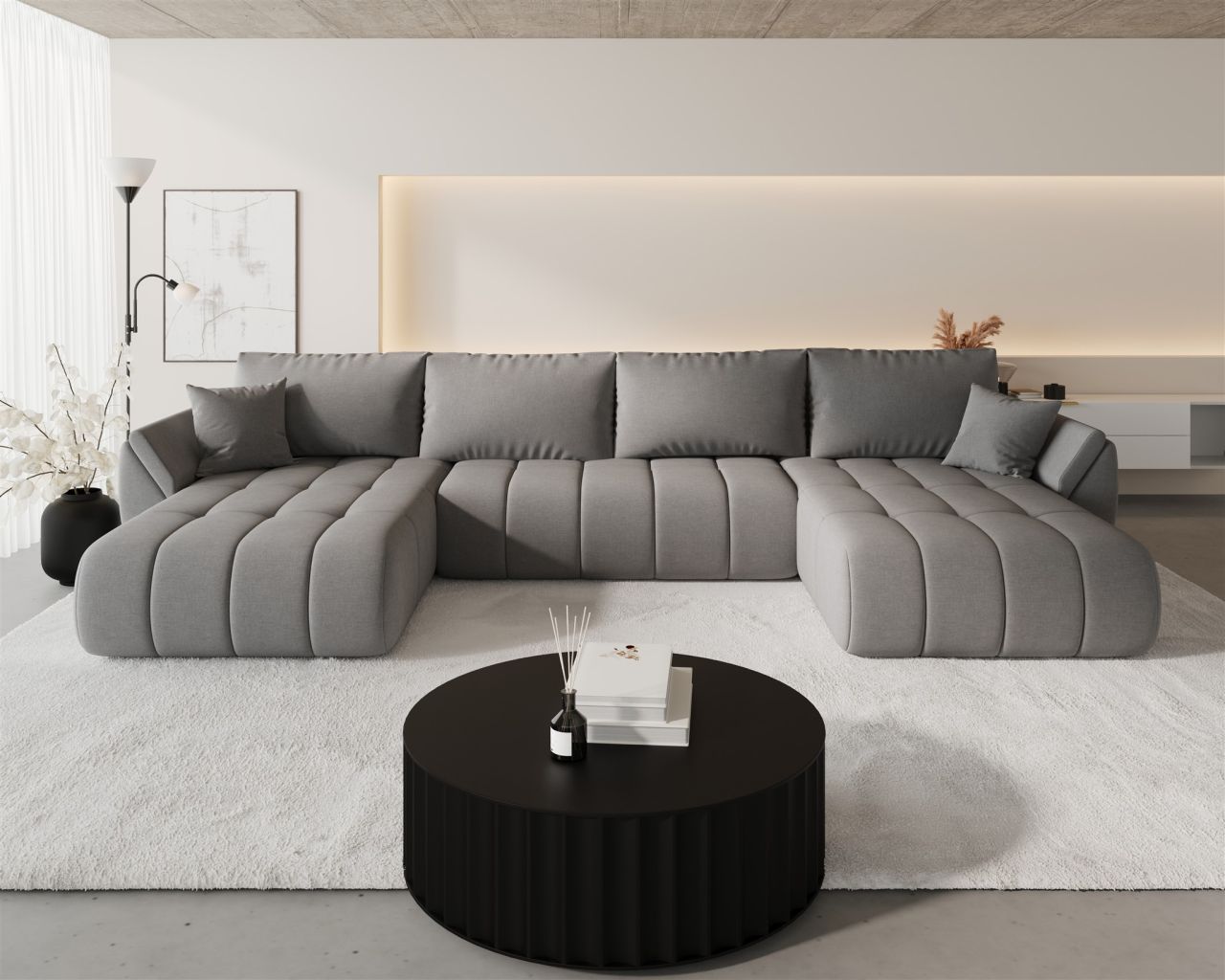 Wohnlandschaft Sofa mit Schlaffunktion MISATO Stoff Wind Dunkelgrau